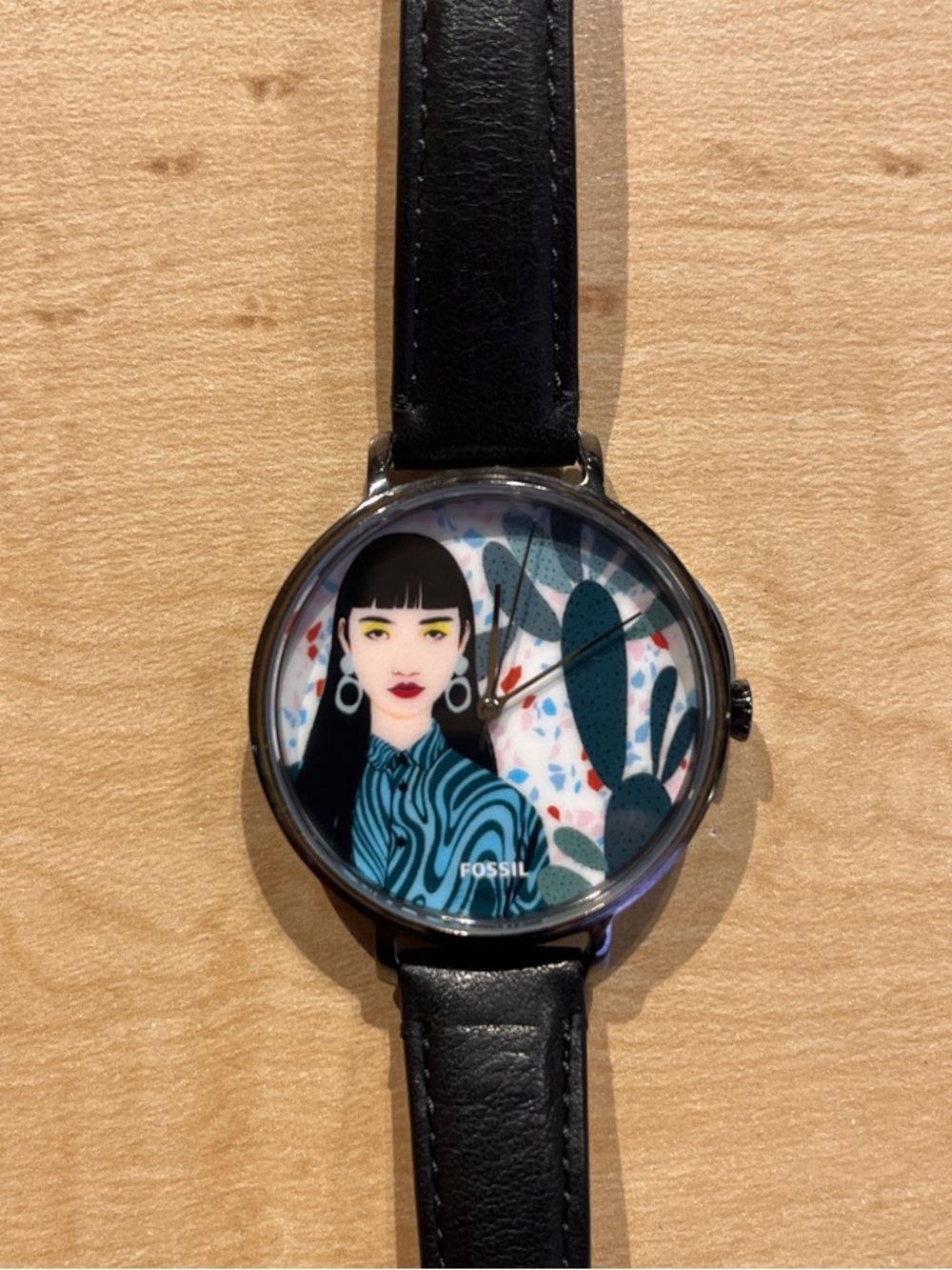 Fossil Women's Black Leather Strap Watch with Colorful Illustrated Dial